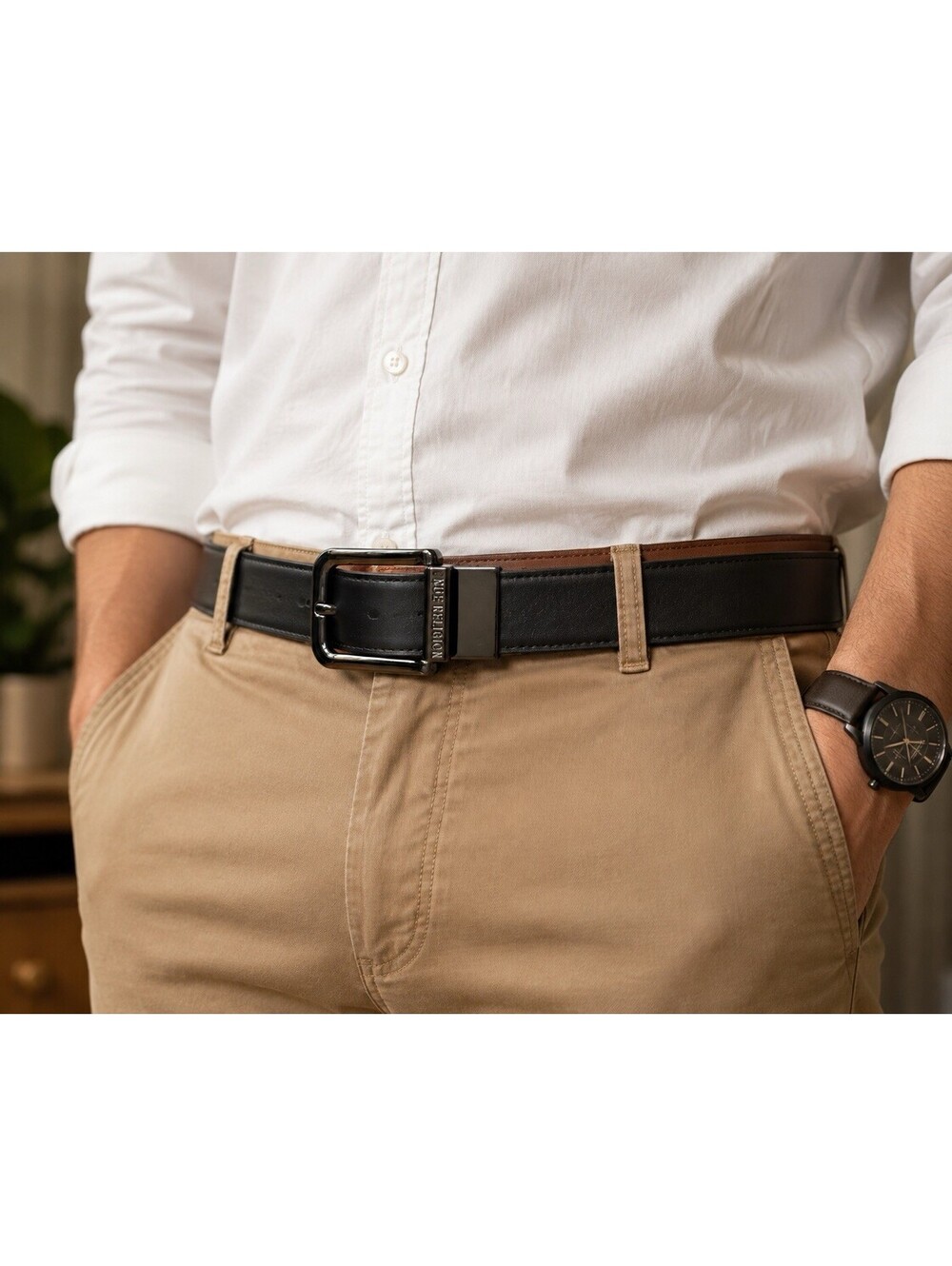 NWOT True Religion Reversible Belt Black Tan Leather Size 40